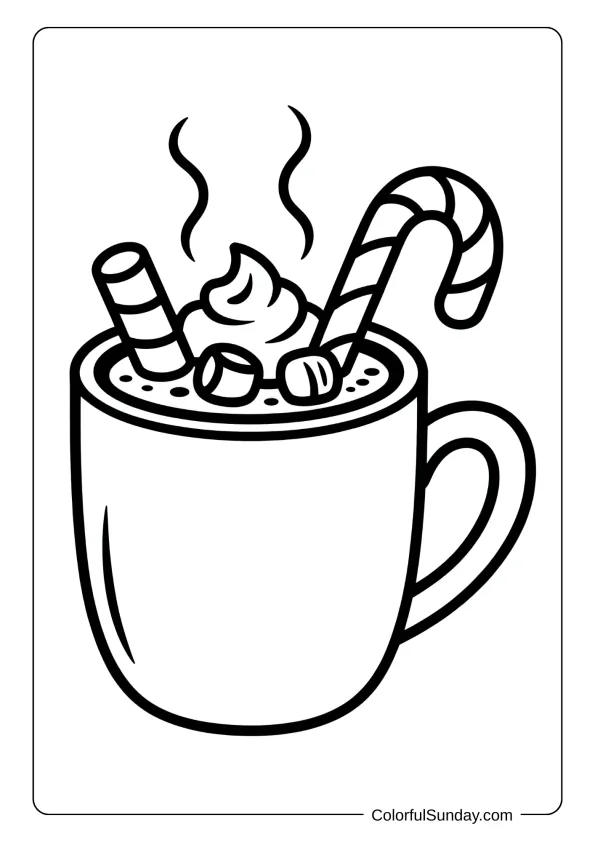A steaming mug of cocoa with candy cane stirrer, marshmallows and whipped cream coloring page.