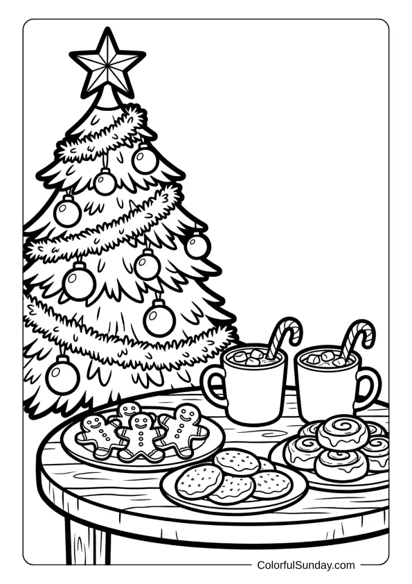A coloring page Christmas tree beside mugs of hot cocoa with marshmallows, cookies, and cozy winter treats