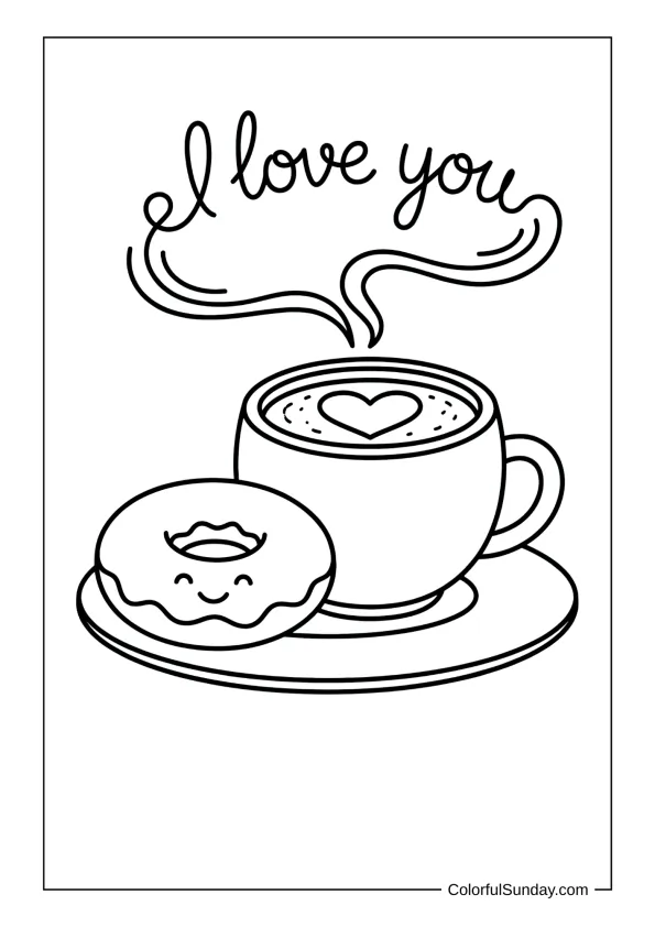 Mug of cocoa with heart foam and happy donut with I love you steam in a coloring page.