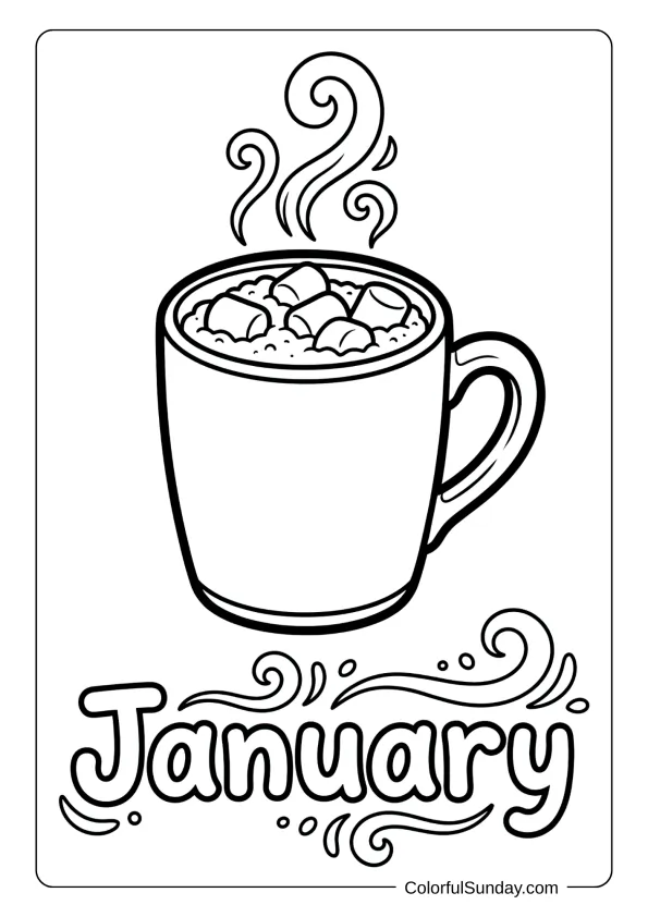 A coloring page featuring a steaming mug of hot cocoa for January morning coloring page