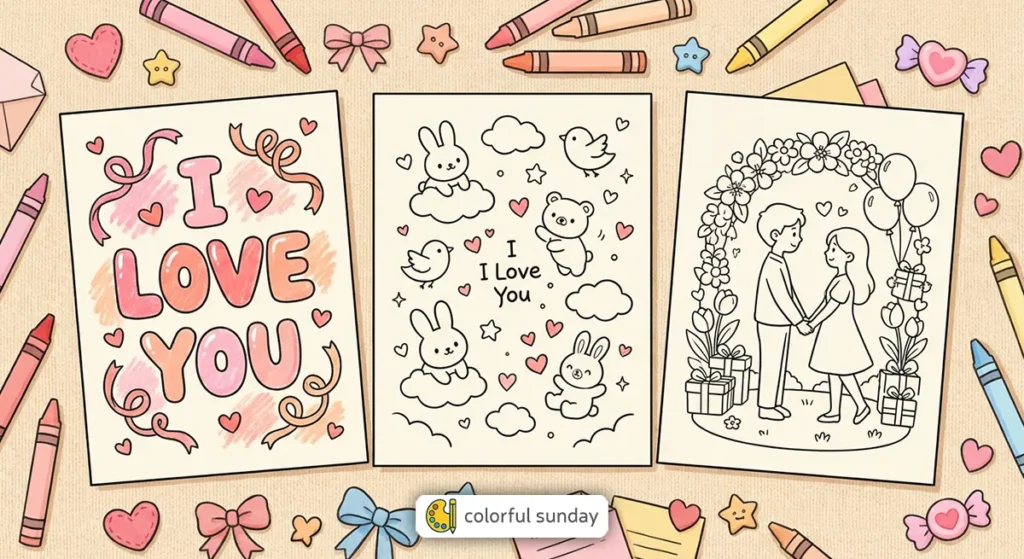 three coloring pages related to the term "I Love You"