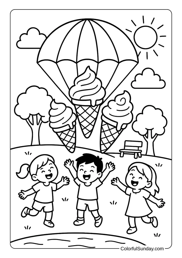 Three happy kids cheer as giant ice cream cones float down with parachutes on a sunny day in the park.
