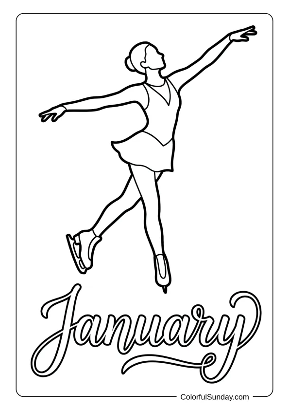 A coloring page of a figure skater gliding across frozen ice during January coloring page