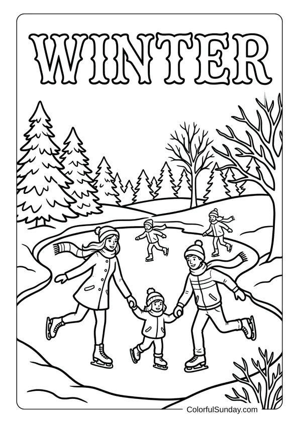 Families gliding across a frozen pond in this ice skating winter coloring page.
