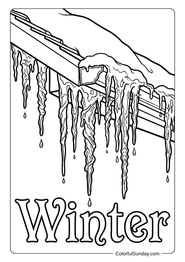 Sparkling icicles hang from rooftops in this winter wonderland coloring page.