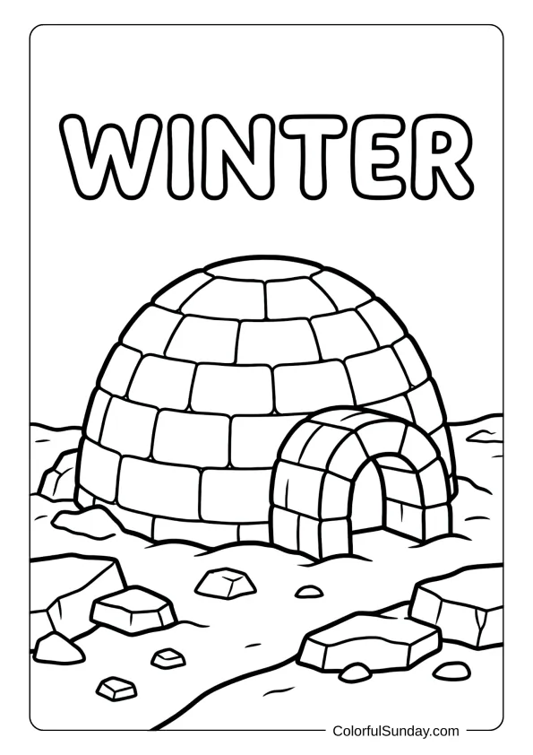 A traditional igloo structure sits on snowy ground in this winter home coloring page.