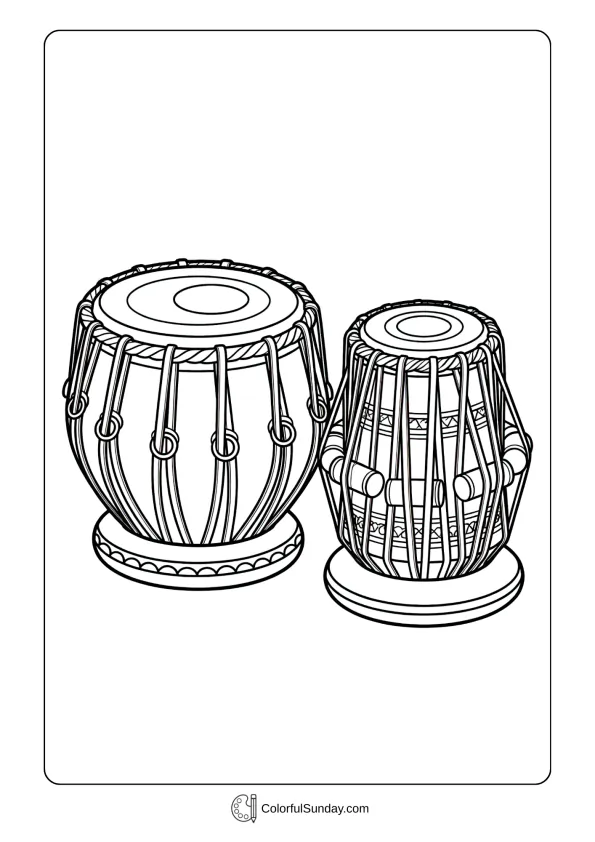 Pair of Indian tabla drums coloring page with detailed tuning pegs and decorative tension straps side by side