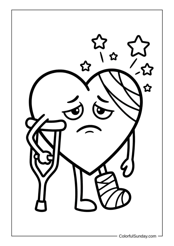 Injured heart with bandage in a coloring page