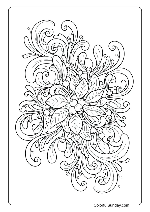 A coloring page of an intricate mistletoe design with details.