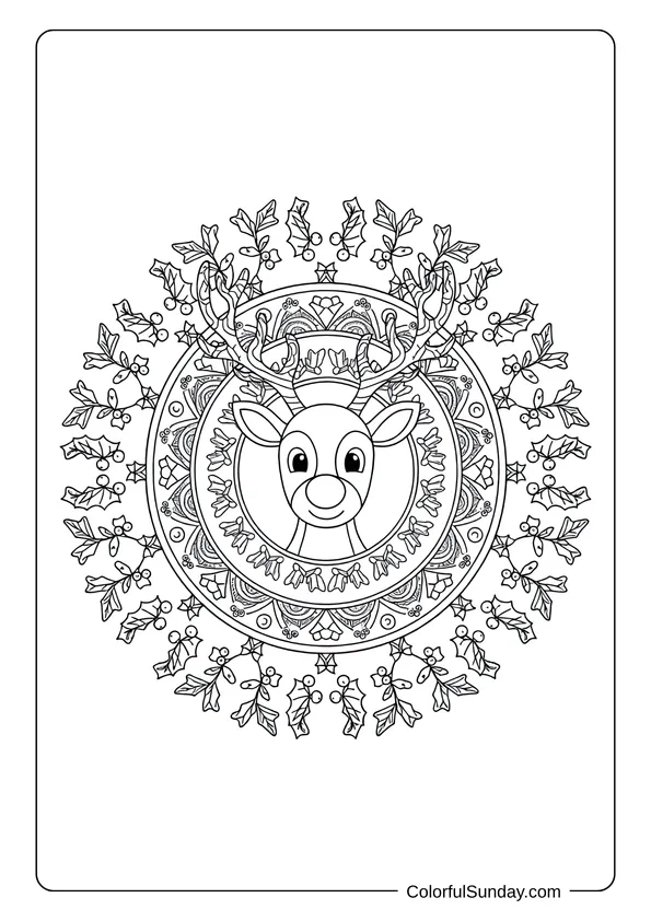 A coloring page of an intricate mandala design with Rudolph the reindeer and mistletoe patterns.