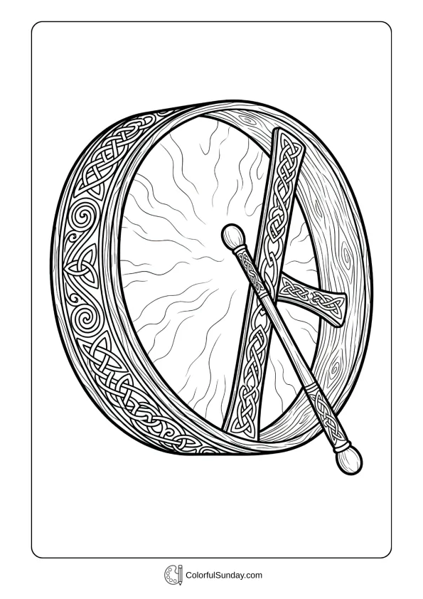 Traditional Irish bodhran frame drum coloring page with tipper stick and Celtic knot decorations on rim