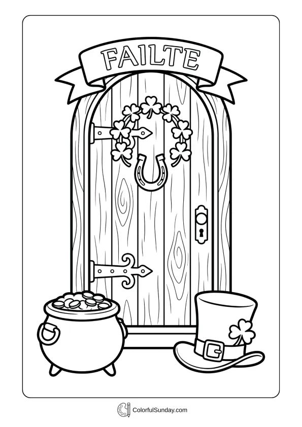 Irish charm shines through a decorative door design in this St. Patrick’s Day coloring page.