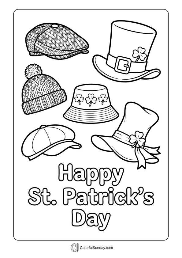 A variety of Irish hats appear together in this St. Patrick’s Day coloring page.