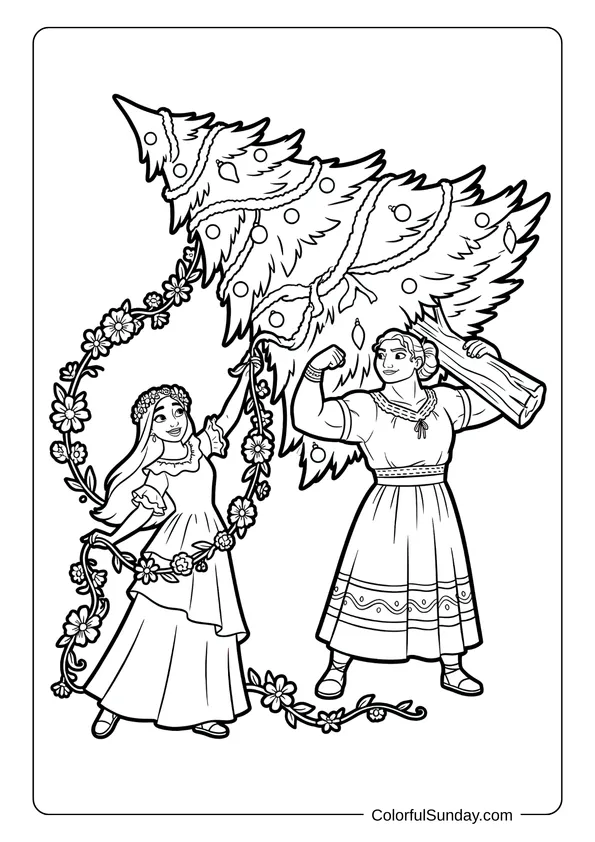 A coloring page with Isabela creating flower garlands while Luisa carries giant tree for Disney Christmas.