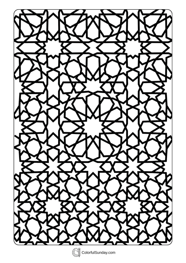Complex Islamic geometric pattern coloring page celebrating Ramadan beauty