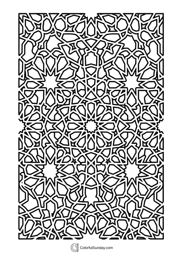 Intricate lattice window design with geometric shapes from Ramadan mosque coloring page