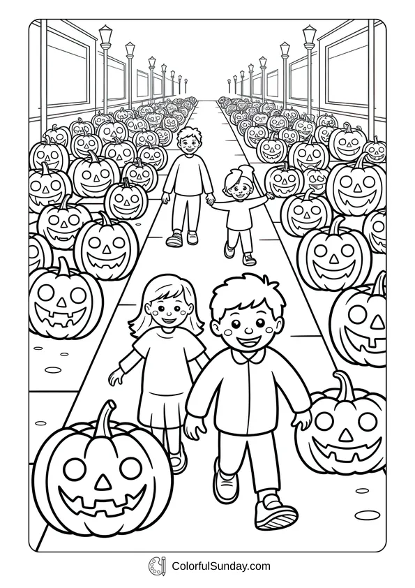 Pokemon Badges And Logo Coloring Page A coloring page of children walking hand in hand through a street lined with jack-o’-lantern pumpkins in October.
