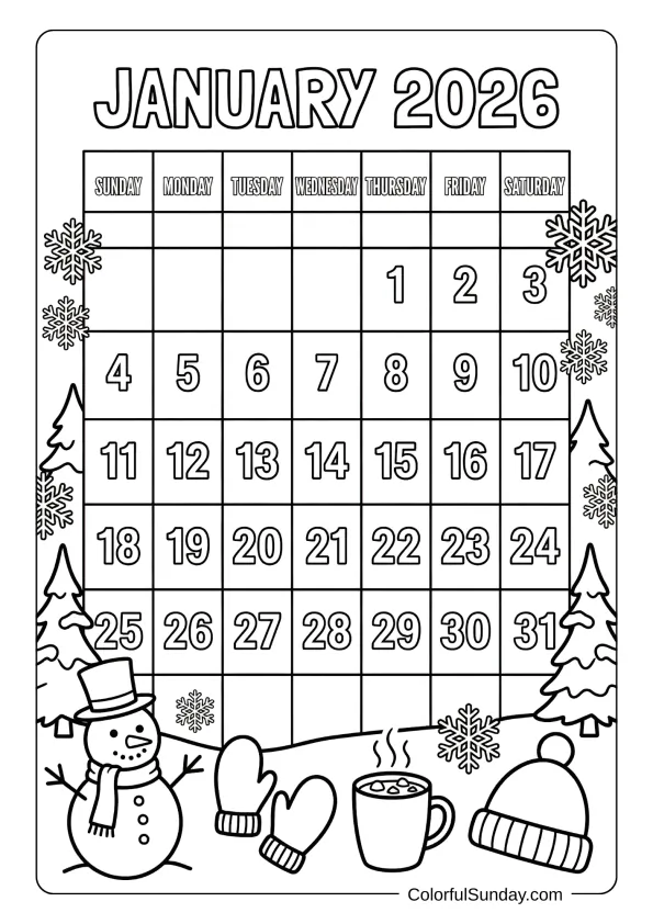 January 2026 snowman calendar coloring page with winter motifs printable coloring page
