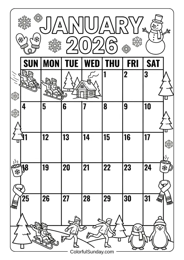 January 2026 winter fun calendar coloring page with playful scenes printable coloring page