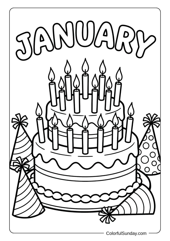 A January birthday cake coloring page with candles and party hats celebration coloring page
