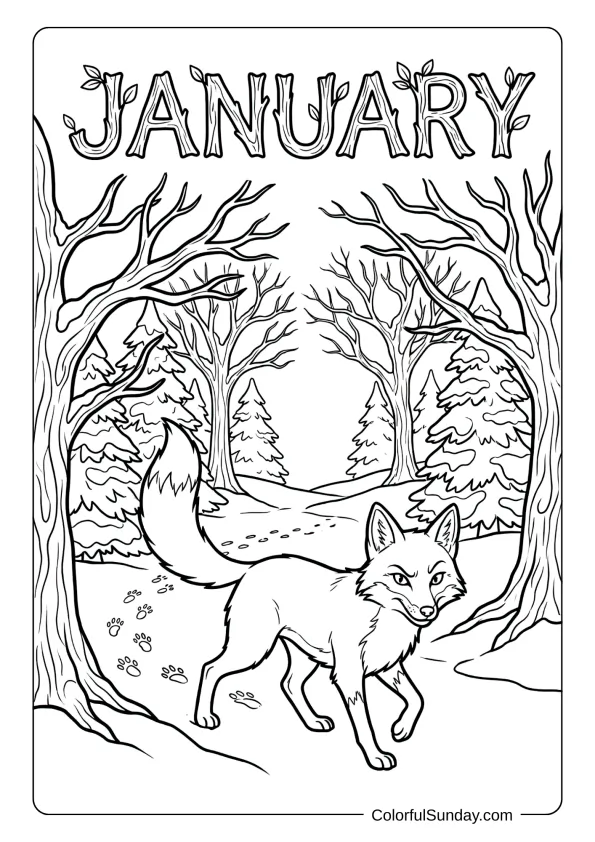 A January fox coloring page walking through a snowy forest scene coloring page