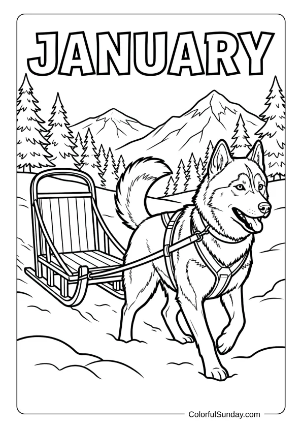 A January husky dog coloring page pulling a sled through snowy adventure coloring page