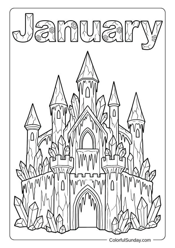 A January ice castle coloring page made of ice and icicles sparkling coloring page