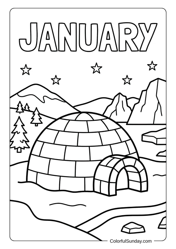 A January igloo coloring page in an Arctic landscape winter scene coloring page