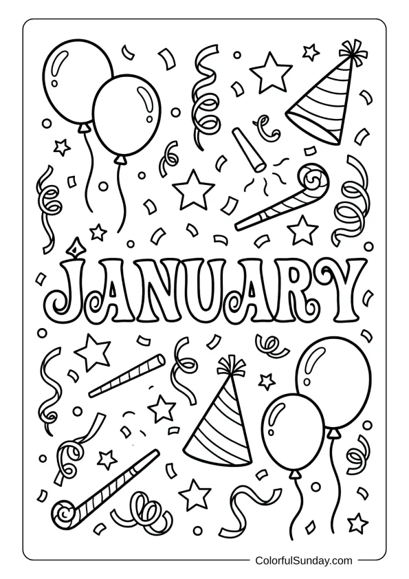 A January New Year party coloring page with decorations and confetti celebration coloring page