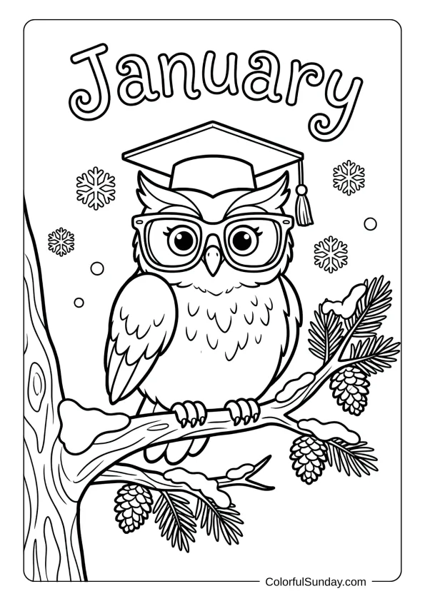A January owl coloring page perched on a snowy branch during a peaceful night coloring page