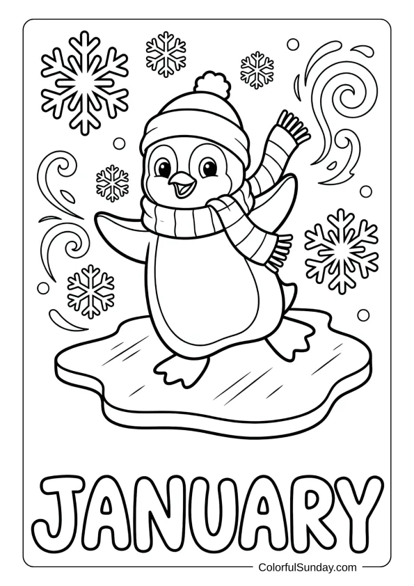 A January penguin coloring page sliding on ice surrounded by snowflakes coloring page