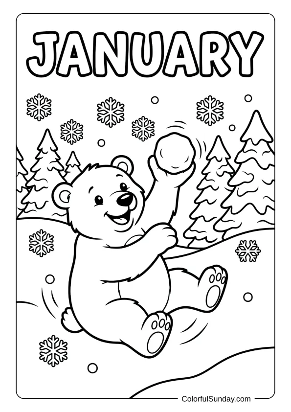 A January polar bear coloring page playing in snow and ice during winter coloring page