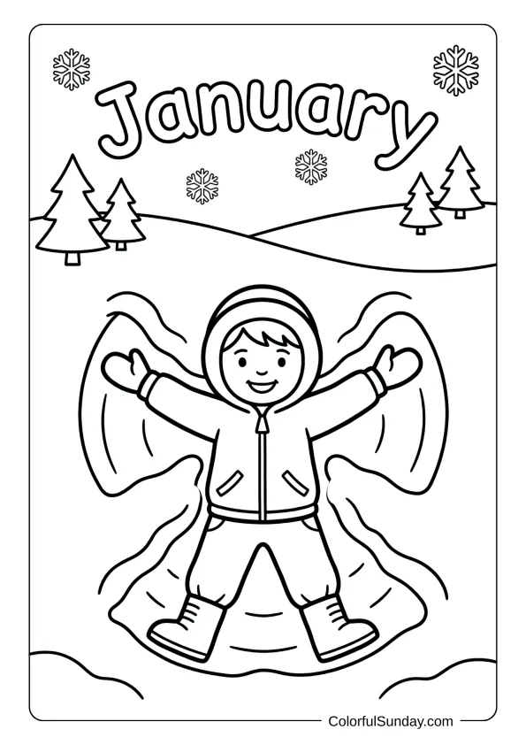A January snow angel coloring page showing a child making angels in snow coloring page