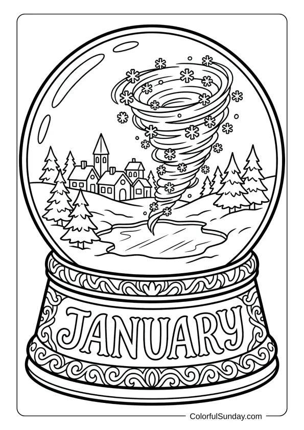 A January snow globe coloring page containing a magical winter scene coloring page