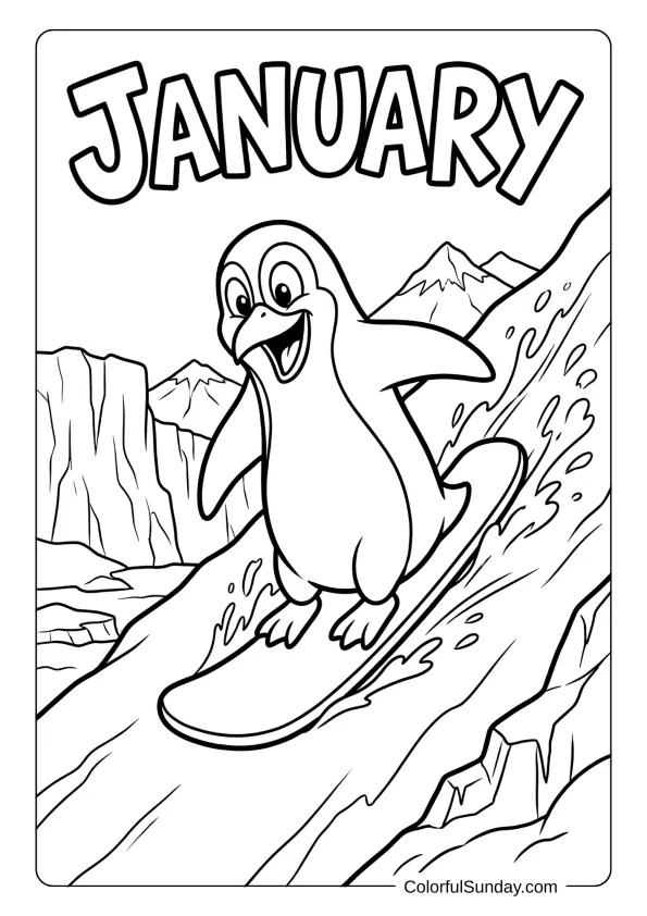A January snowboarding penguin coloring page riding down icy slopes with excitement coloring page