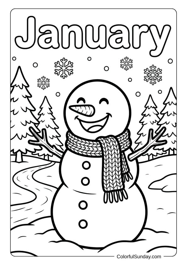 A January coloring page featuring a cheerful snowman wearing a scarf in a winter wonderland coloring page