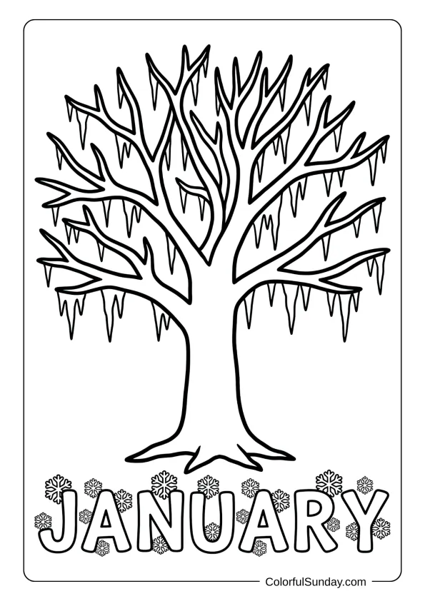 A January winter tree coloring page with icicle-covered branches standing tall coloring page