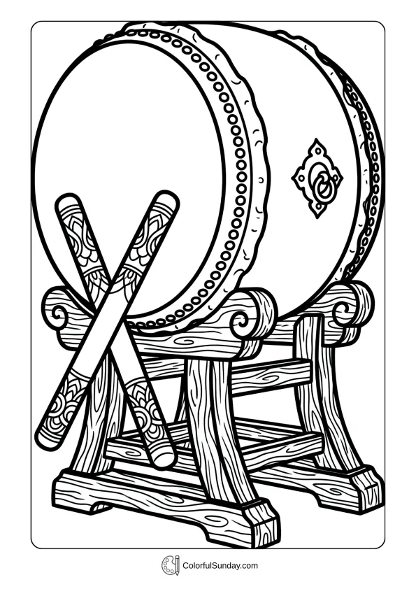 A coloring page of a massive Japanese taiko drum mounted on wooden stand with decorative drumsticks crossed in front
