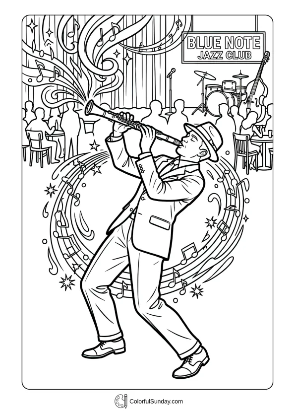 A jazz clarinet coloring page with dynamic player in club atmosphere radiating musical energy