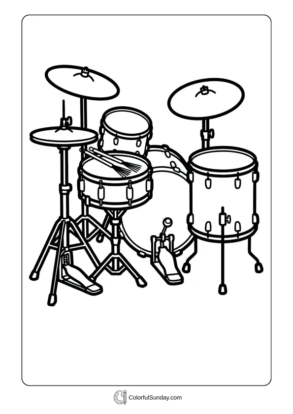 Classic jazz drum configuration with brushes coloring page resting on snare and compact cymbal arrangement