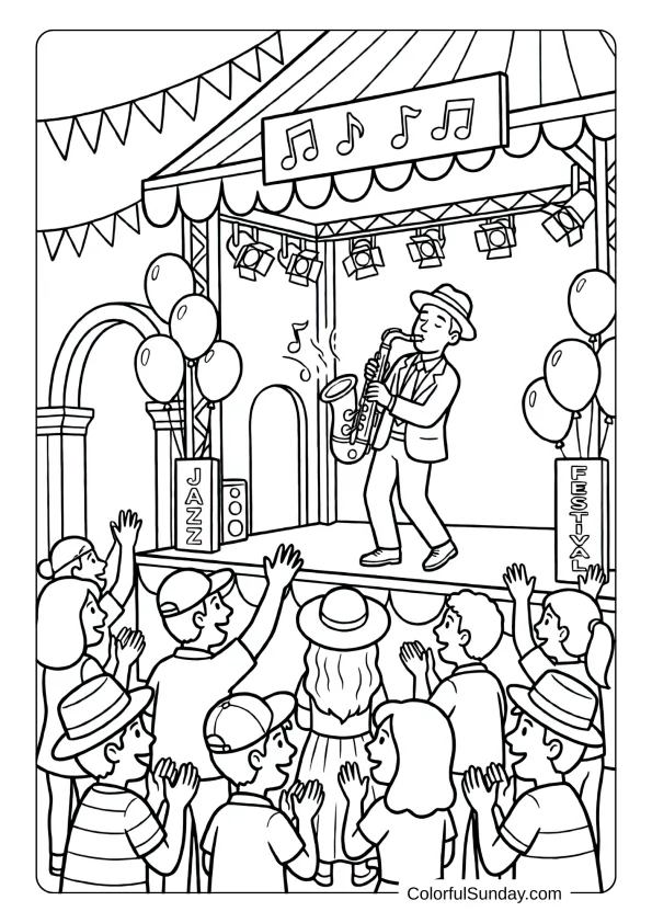 Outdoor festival saxophonist performing for crowd coloring page with stage, decorations, and celebration atmosphere present.
