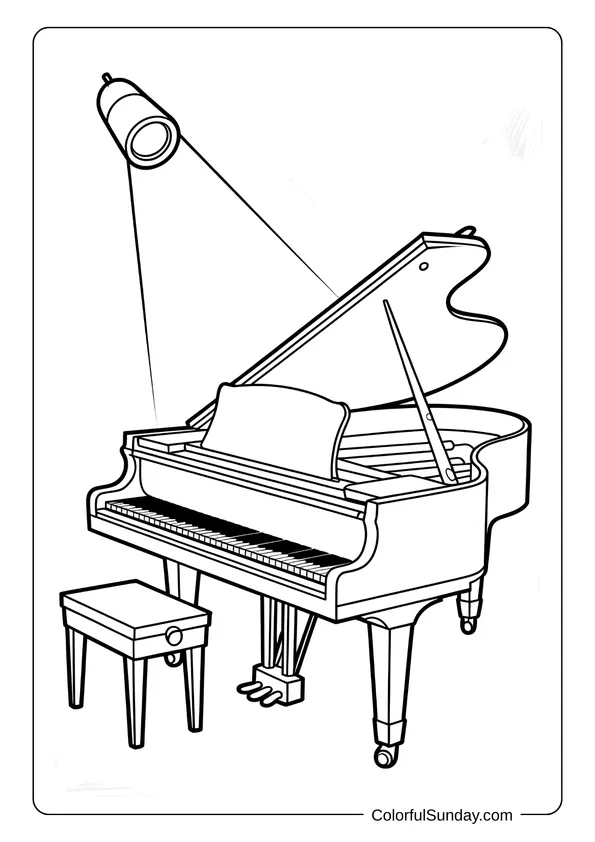 Pokemon Badges And Logo Coloring Page Grand piano on stage with a spotlight and bench beside it, illustrated as a coloring page.