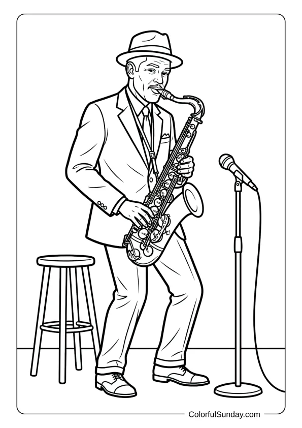 Saxophonist performing timeless jazz standard melody coloring page with classic elegance and traditional performance styling shown.