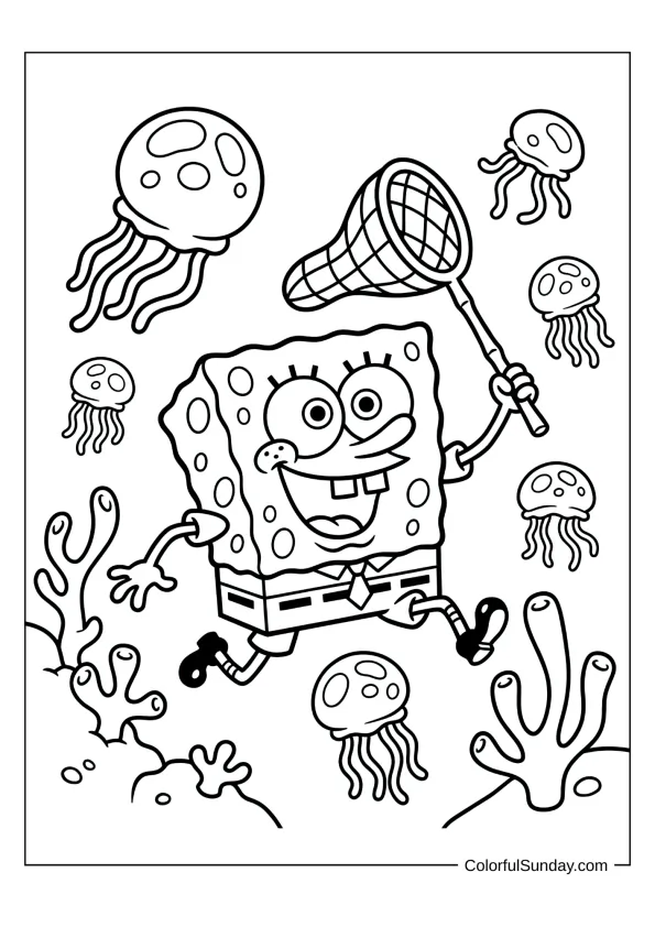 SpongeBob jellyfish swimming in Jellyfish Fields landscape coloring sheet