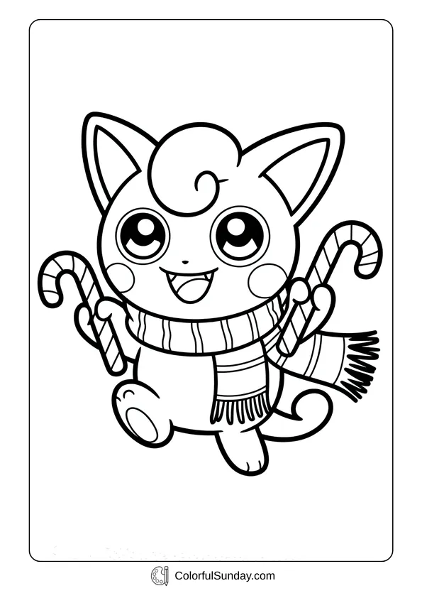 Pokemon Badges And Logo Coloring Page Coloring page of the Pokémon Jigglypuff wearing a scarf and holding candy canes for Christmas.