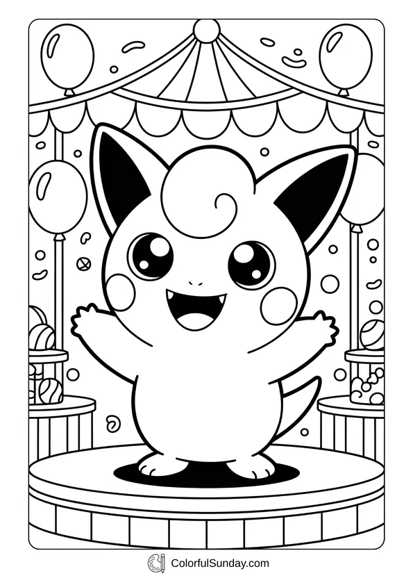 Pikachu From Pokemon Coloring Page At the fair, Jigglypuff smiles on stage with balloons in the background in a lively Pokémon coloring page.