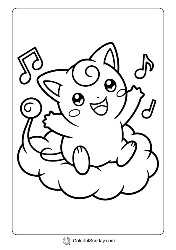Pikachu From Pokemon Coloring Page Jigglypuff sits on a fluffy cloud while singing with music notes floating around in this Pokémon coloring page.