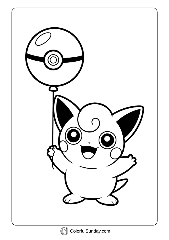 Pokemon Badges And Logo Coloring Page Jigglypuff holding a balloon shaped like a Poké Ball is shown in this coloring page.