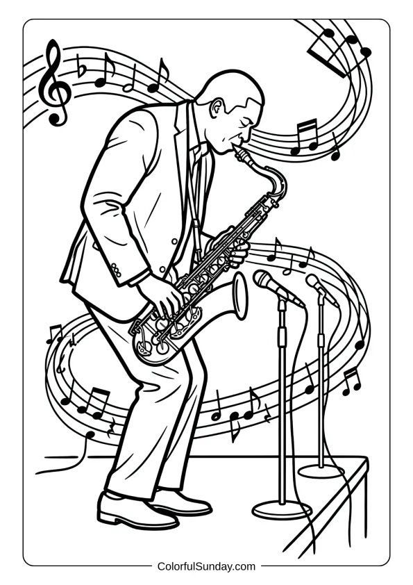A coloring page featuring John Coltrane performing on stage with musical notes floating around the saxophone.