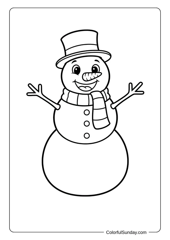 A jolly smiling snowman coloring page perfect for kids with a big happy face.